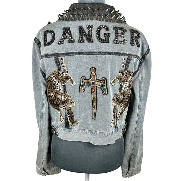 Azalea Wang DANGER Jean Jacket Large Studded Leopard Beaded Bling Goth Edgy Punk - Picture 1 of 16